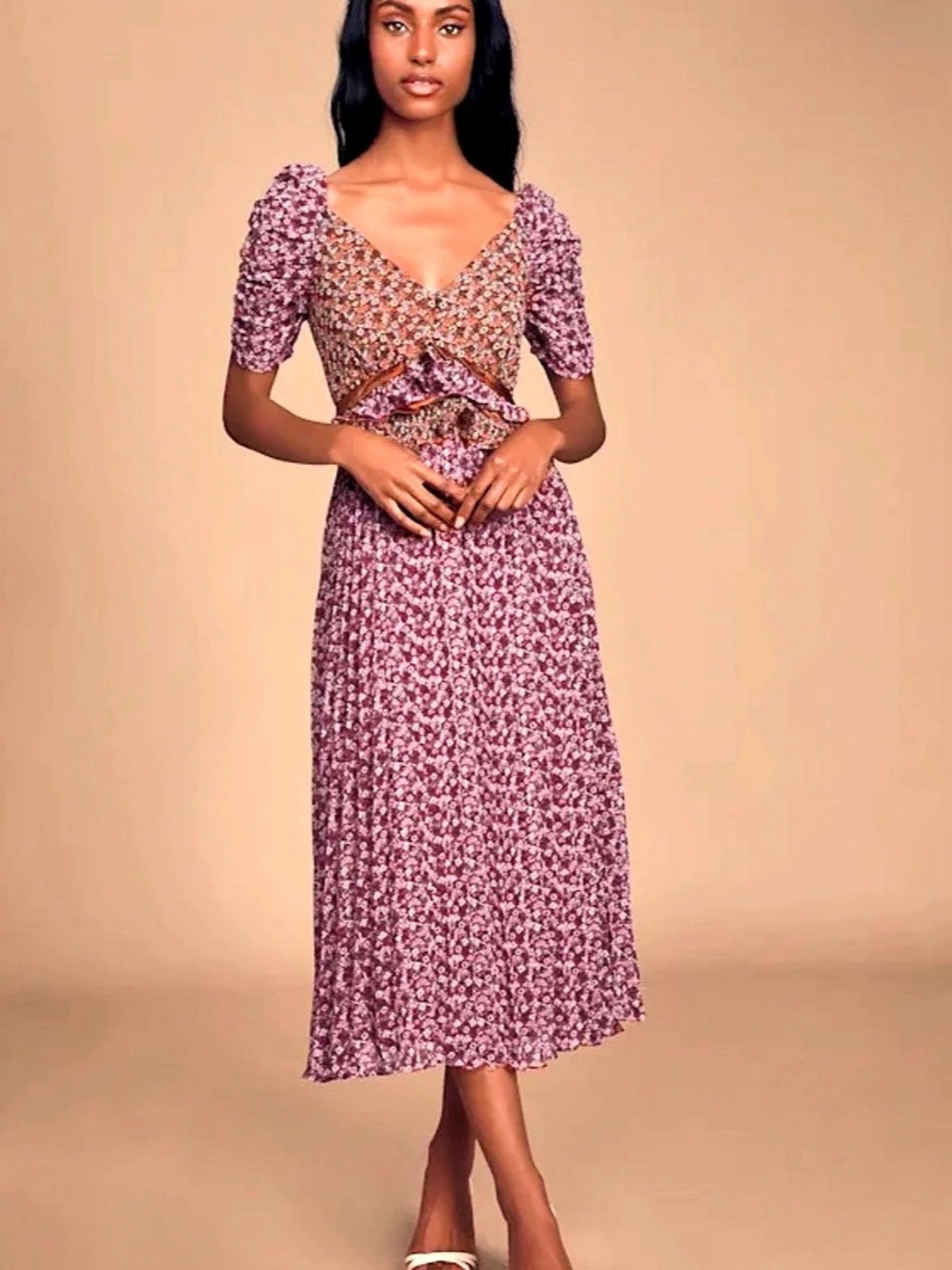 En Saison Floral Ruffle Midi Dress – Size Small Romantic Boho Cottagecore